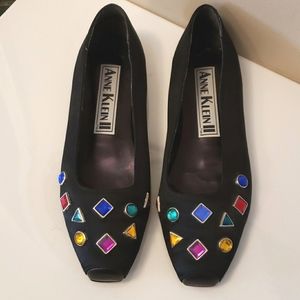 Anne Klein Black Flats with Multicolor Gem Accents